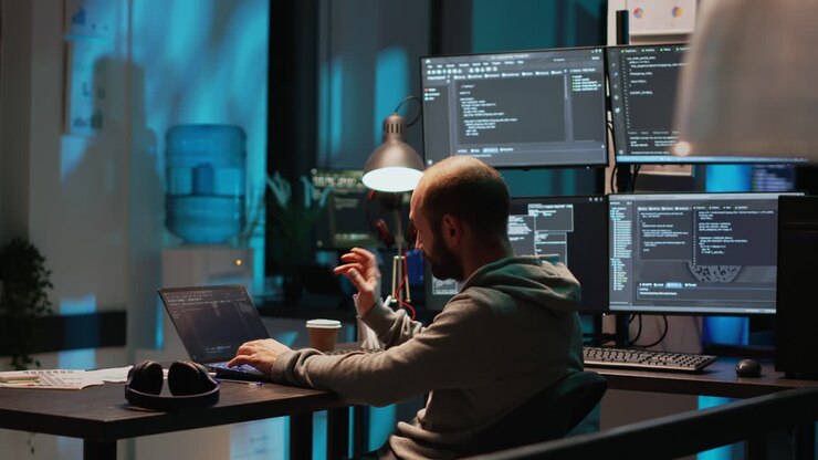 Man Coding on Laptop at Desk with Multiple Monitors