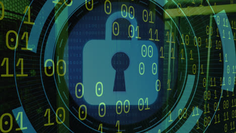 animation of padlock icon and data processing over server room