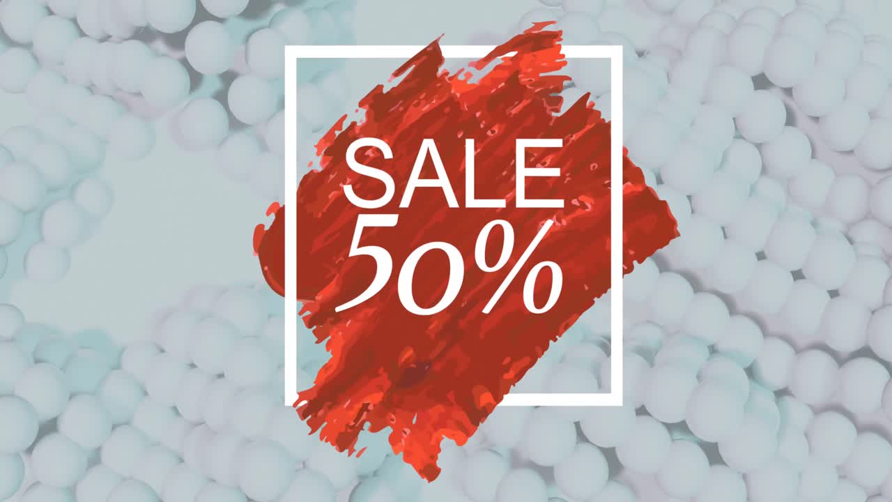 Animace textu 50% sleva v bílém rámečku na červeno-bílém pulzujícím pozadí.