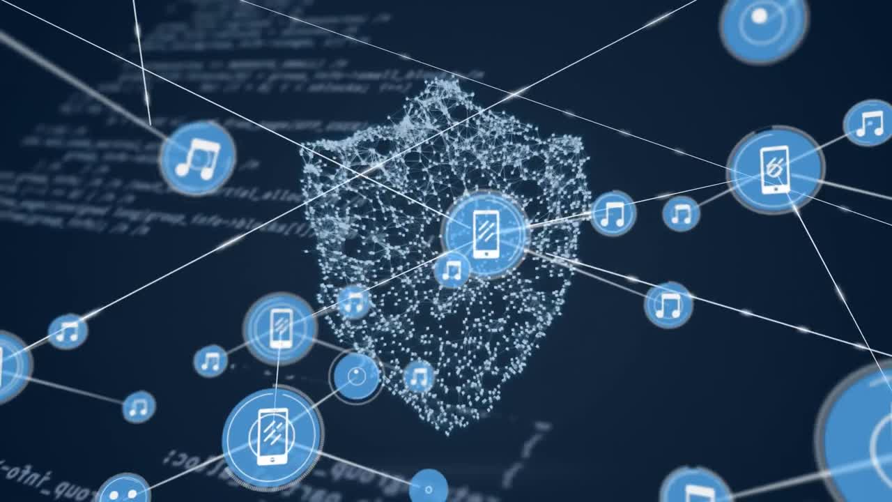 animación de la red de conexiones con iconos sobre el escudo de seguridad