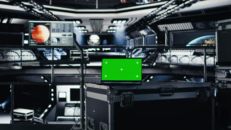 green screen laptop in spacecraft next to monitor displaying mars dashboard