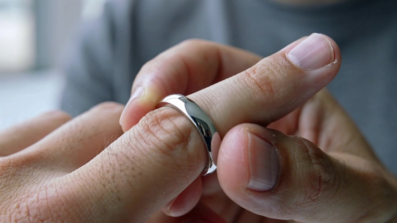Raccogliendo un anello d'argento lucido, mani maschili adulte che fanno scivolare l'anello sul dito vicino a una finestra per indossarlo.