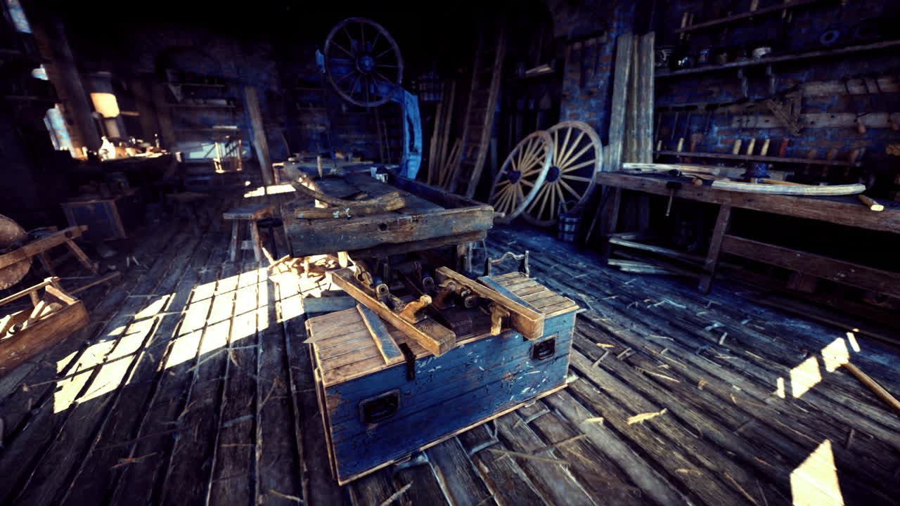 Scena di un'officina vintage, spazio rustico per la lavorazione del legno intriso di storia
