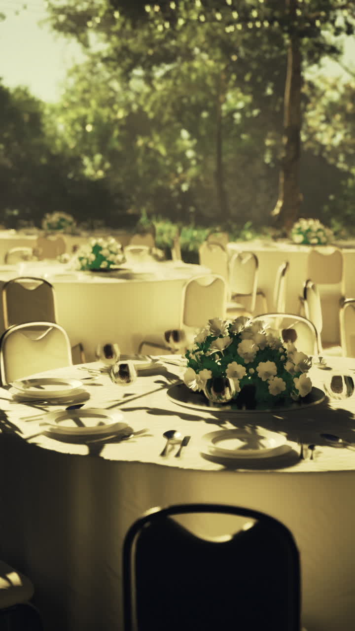 Elegant udendørs arrangement i en frodig have med smukt dekorerede borde