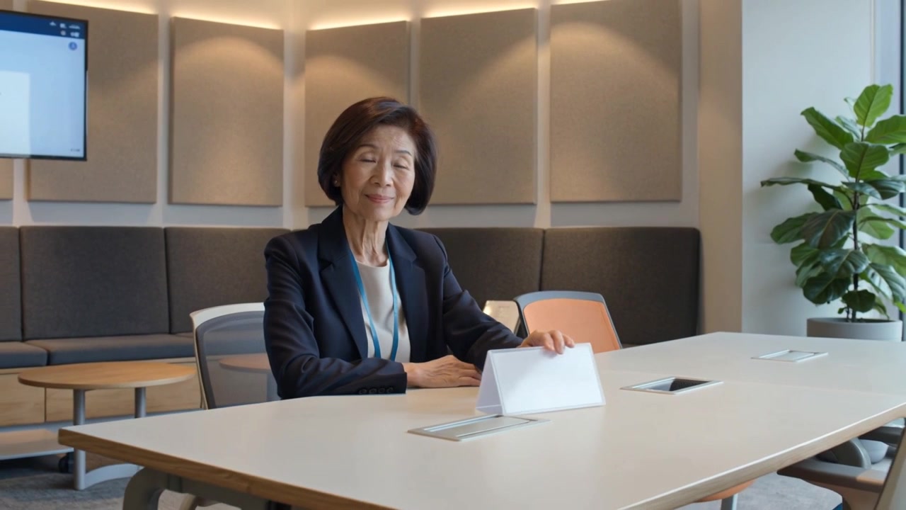 Sitting upright woman reaching and positioning tent card at meeting table, in blazer showing name