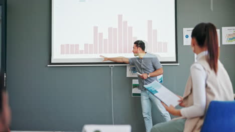 presentación, hombre de negocios y gráficos de pantalla