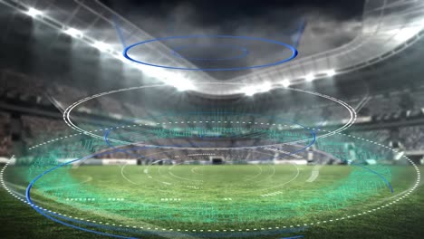 digital animation of multiple round scanners spinning against sports stadium in background