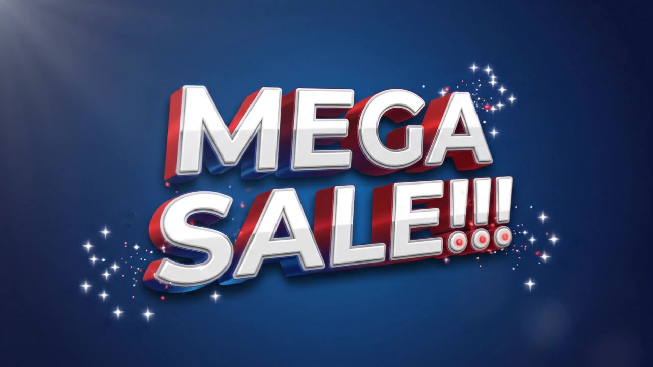 Mega Sale Promotional Text Animation With Vibrant Blue Neon Glow and 3D Letters