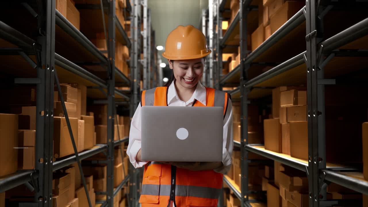 trabajador de almacén que utiliza una computadora portátil