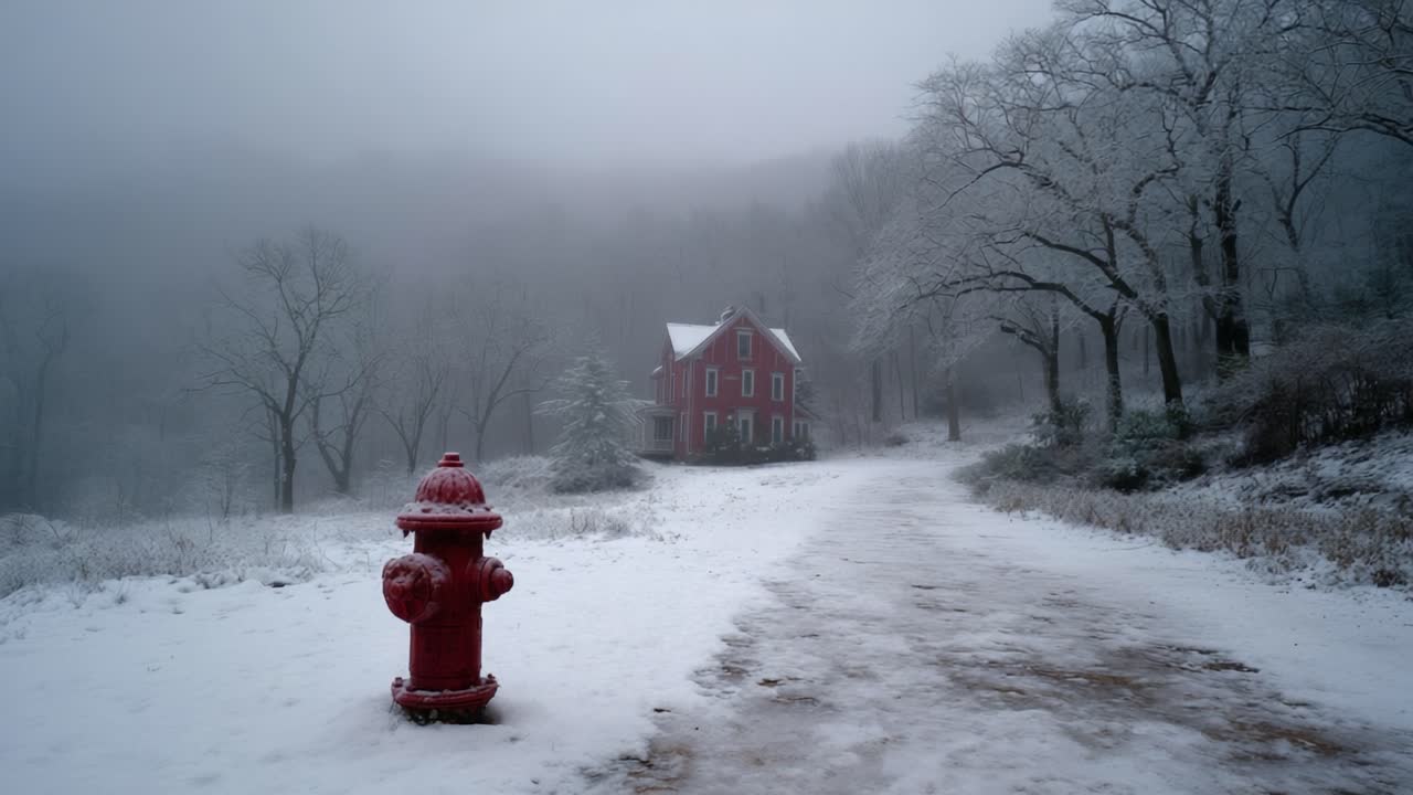 A tranquil winter scene featuring a solitary red fire hydrant beside a snow-covered path leading to a quaint house, enveloped in fog and surrounded by frosted trees