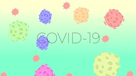 animación de una palabra covid-19 escrita en letras negras sobre células de macro coronavirus flotando en verde