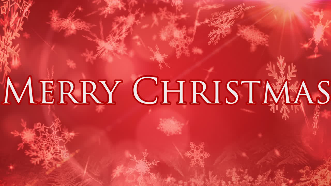 copos de nieve cayendo sobre el texto de feliz navidad contra un fondo rojo