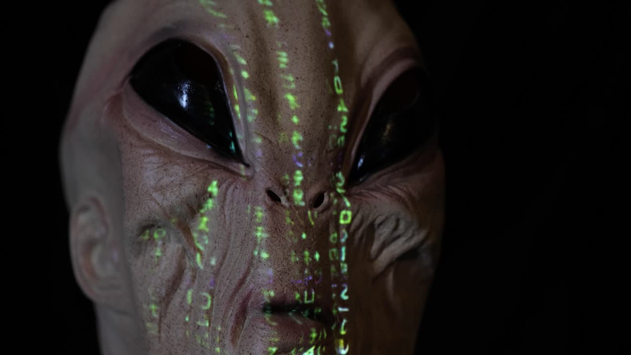 Alien with digital code streaming down its face