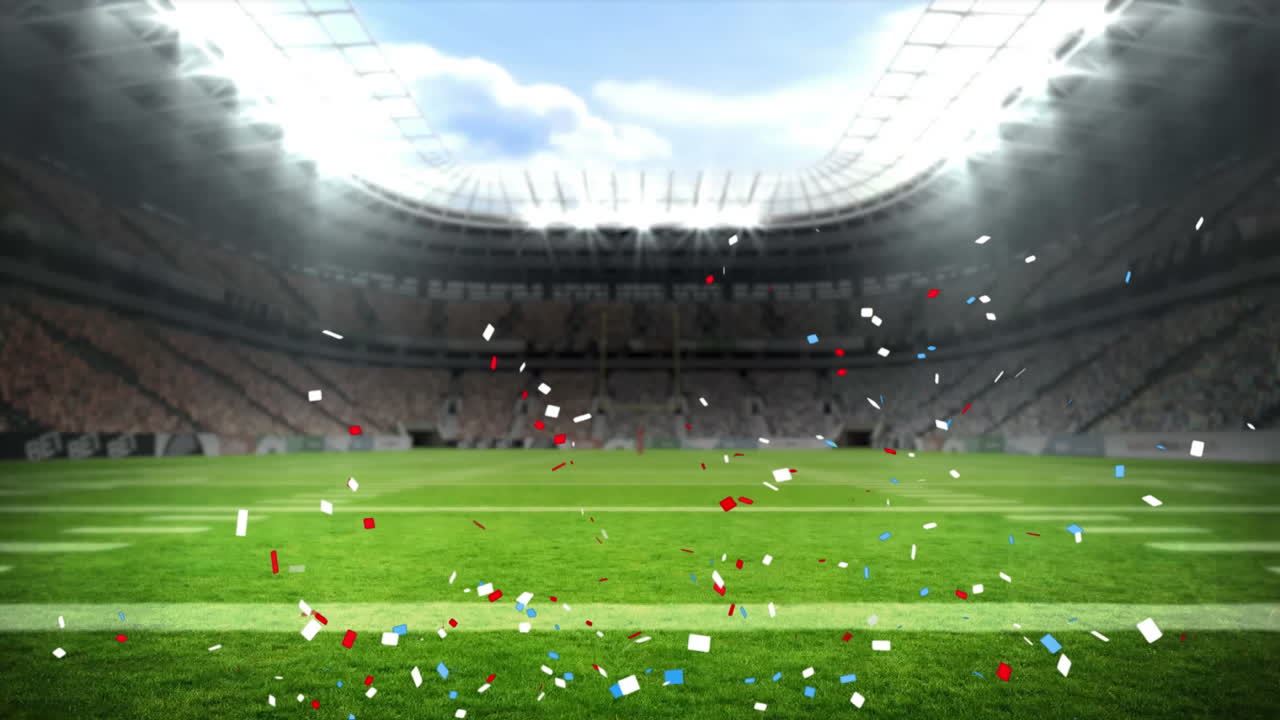 Animation of falling confetti over rugby stadium