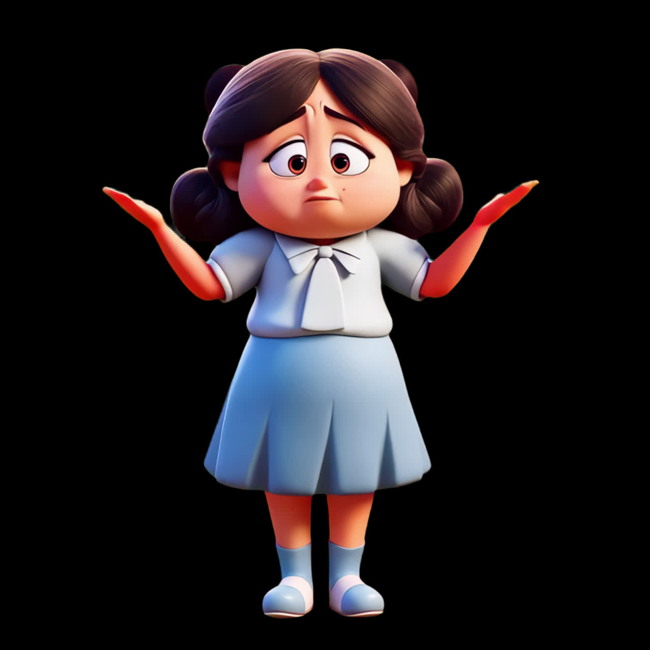 Confused cartoon girl shrugging animation isolated asset, transparent 4K video, alpha channel