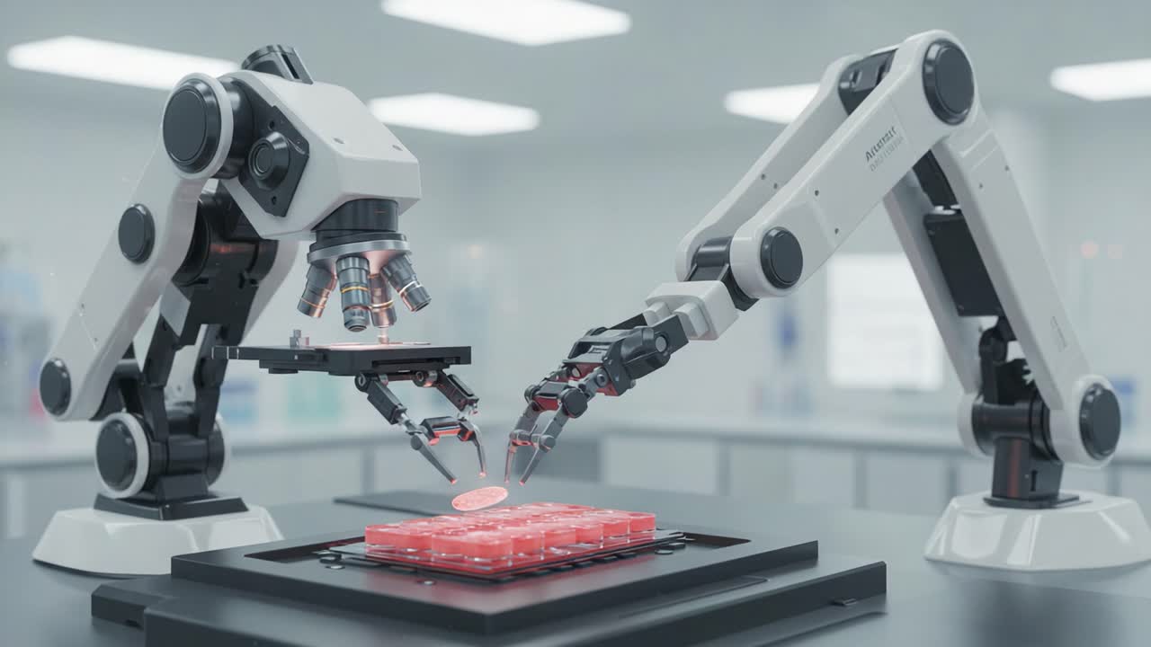 Advanced Robotic Manipulation in a Laboratory: Automated Arms Engaging in Precision Tasks with Microscopy and Targeting, Showcase of Cutting-Edge Robotics Technology