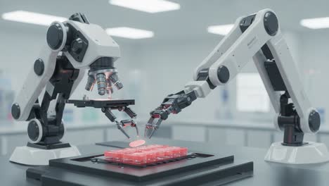advanced robotic manipulation in a laboratory: automated arms engaging in precision tasks with microscopy and targeting, showcase of cutting-edge robotics technology