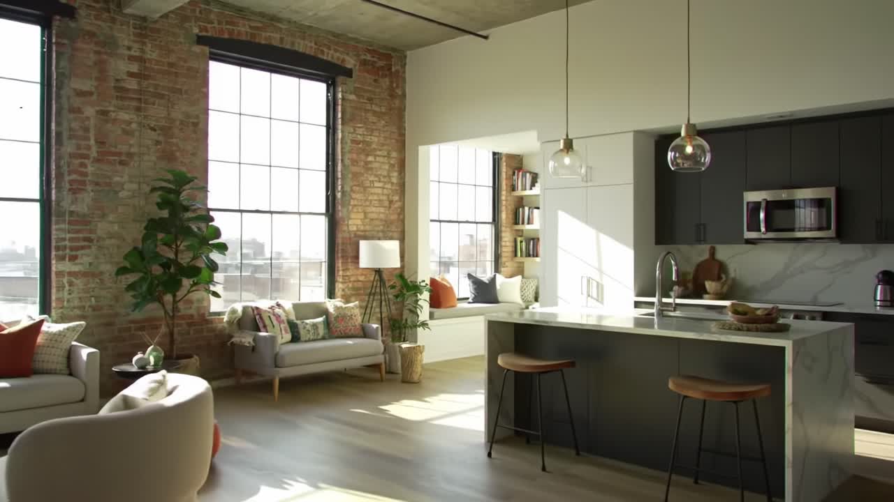 Modern Urban Living Space: Bright and Airy Apartment with Exposed Brick Walls, Stylish Furniture, and Inviting Natural Light in a Cozy Atmosphere