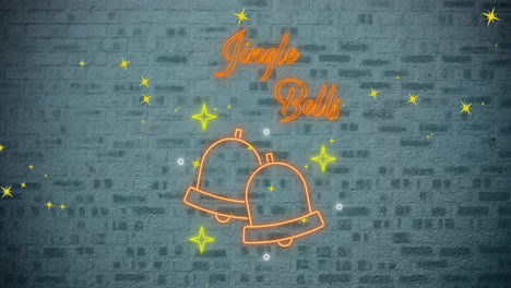 animation of neon christmas bells and jingle bells text over grey wall