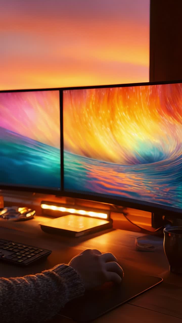 Stunning Sunset Reflections on Dual Monitors: A Tranquil Workspace with Vibrant Colors Creating an Inspiring Atmosphere for Productivity and Creativity