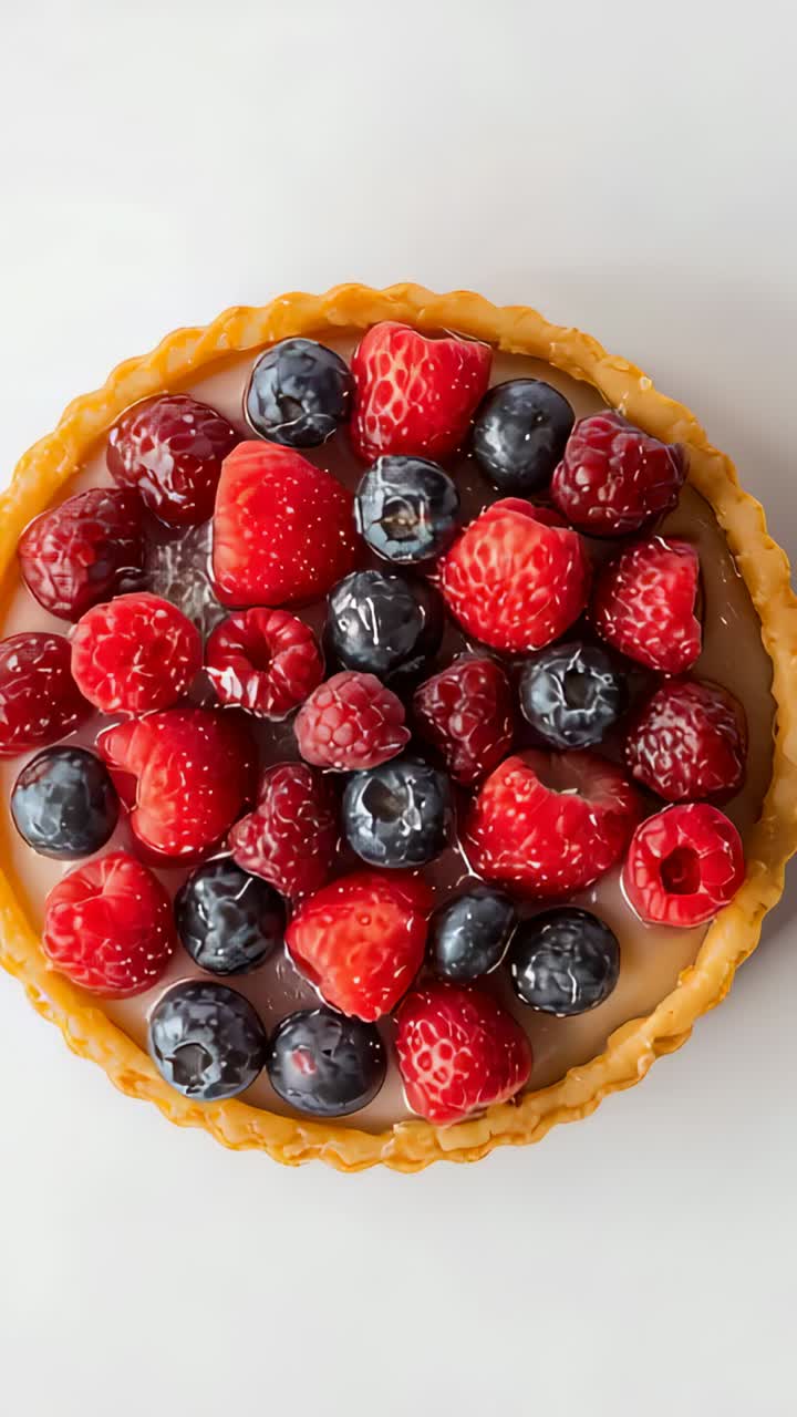 Vertical video: Moving camera closer on white table emphasizing tart golden crust and berries shine