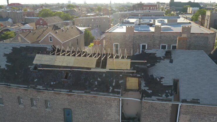 Aerial forward moving shot over a damaged roof of a house after fire