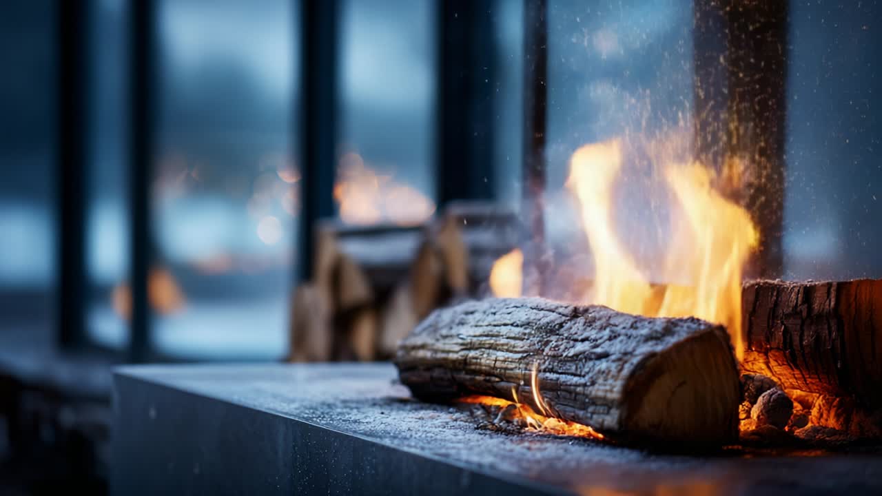 A Captivating View of a Cozy Fireplace with Dancing Flames, Cracking Logs, and Glimmering Sparks, Creating an Inviting Atmosphere Against a Softly Blurred Background of an Elegant Interior Space