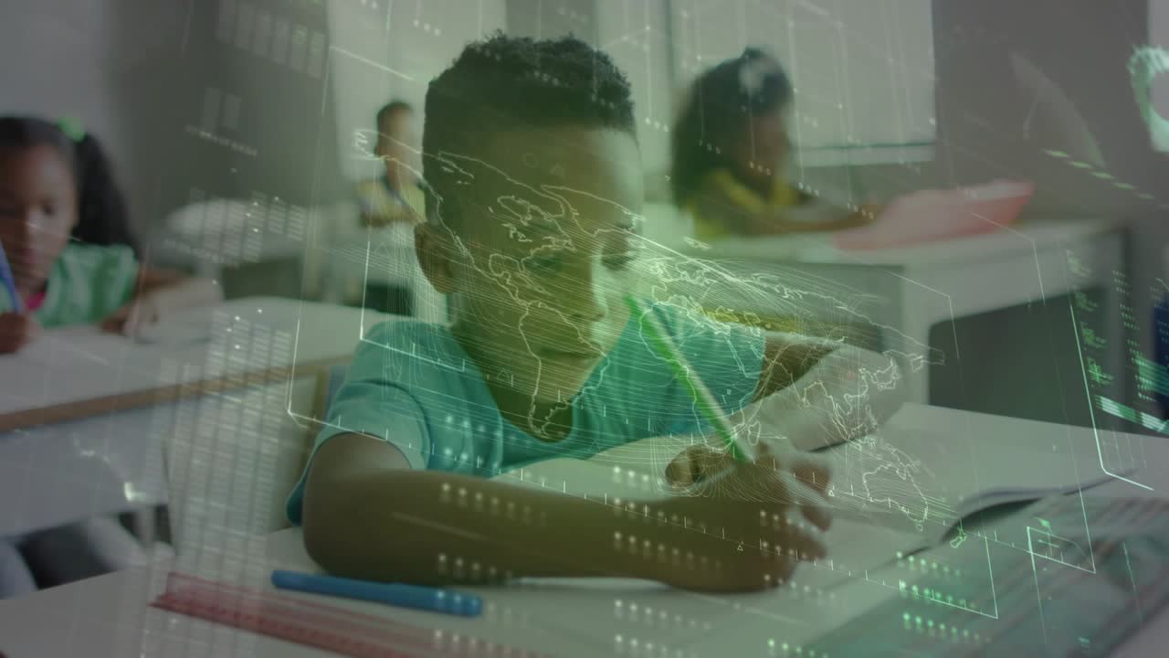 Boy in teal shirt writing with green pencil, initiating green world-map HUD overlay for classroom