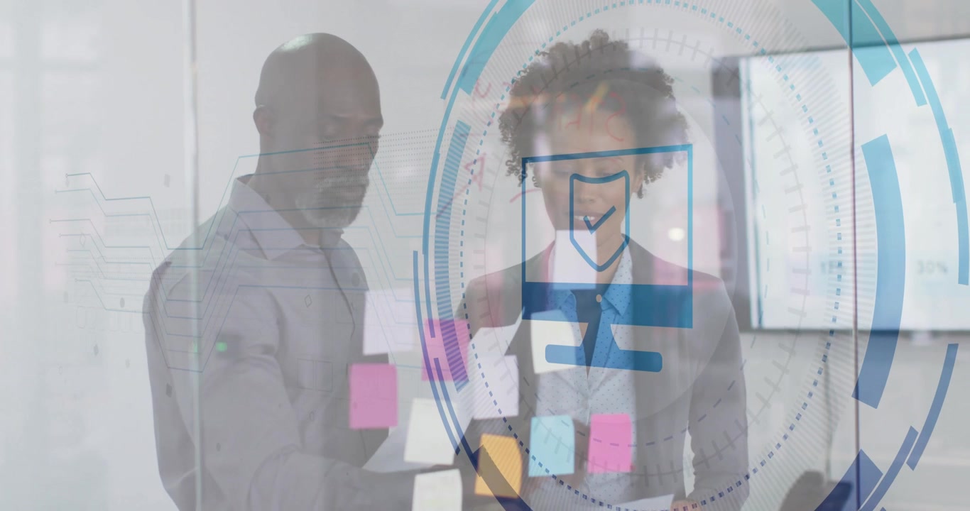 Business Professionals Collaborating on Strategy with Digital Data Overlay