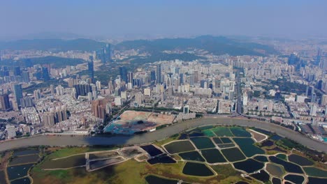 aerial view over shenzhen skyline on a beautiful clear day