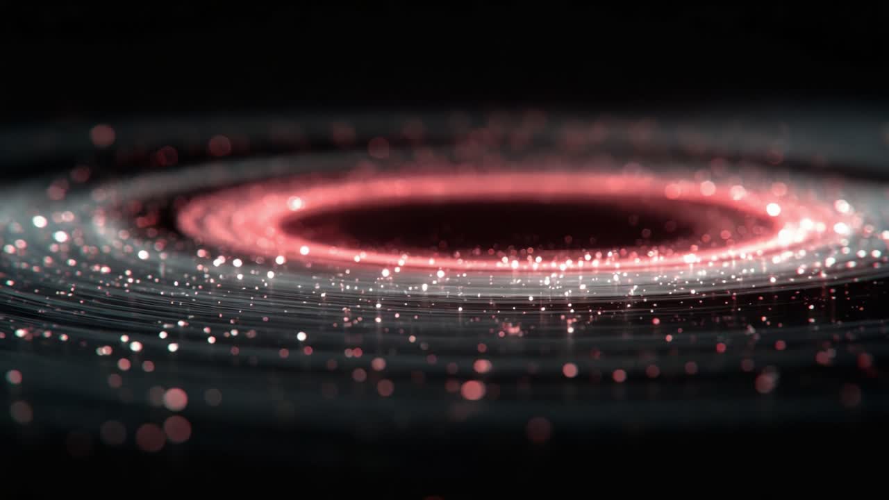 Vortice cosmico ipnotico che mostra straordinari effetti particellari e impulsi di luce radiosa in un'ambientazione estetica profondamente scura, evocando l'infinito e galassie che si estendono oltre.