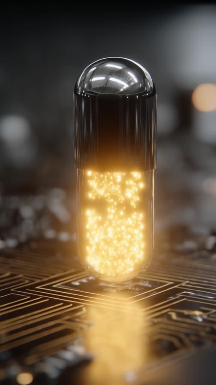 Una Capsula Scintillante Piena di Energia: Una Rappresentazione Artistica di Innovazione e Tecnologia che si Fondono in un Ambiente di Circuiti All'avanguardia.