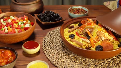 moroccan cuisine top view. tajine, traditional dish made of lamb and eggplant, vegetable salad. middle eastern culture. couscous with mutton close-up, delicious rice. homemade food.