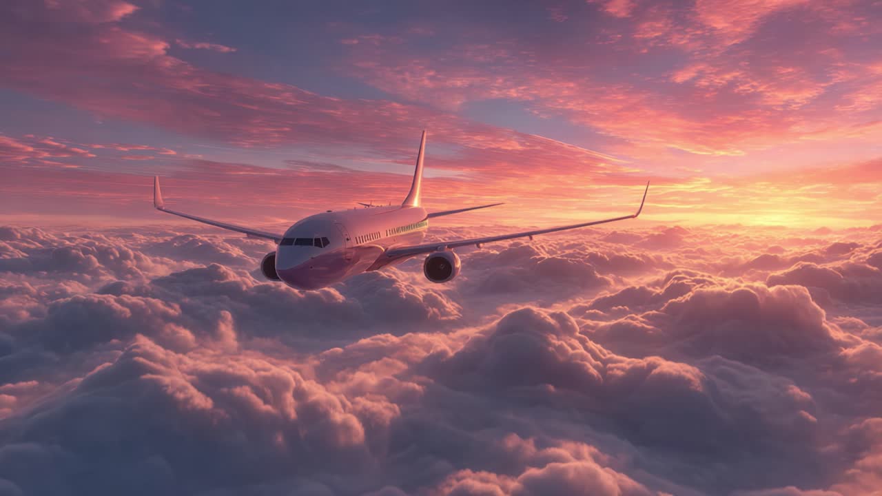 Uma vista impressionante de um avião voando acima das nuvens durante um nascer do sol vibrante, exibindo as belas cores do céu e a experiência de voo majestosa