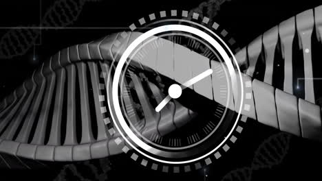 animación de un reloj en movimiento sobre una cadena de adn sobre un fondo negro