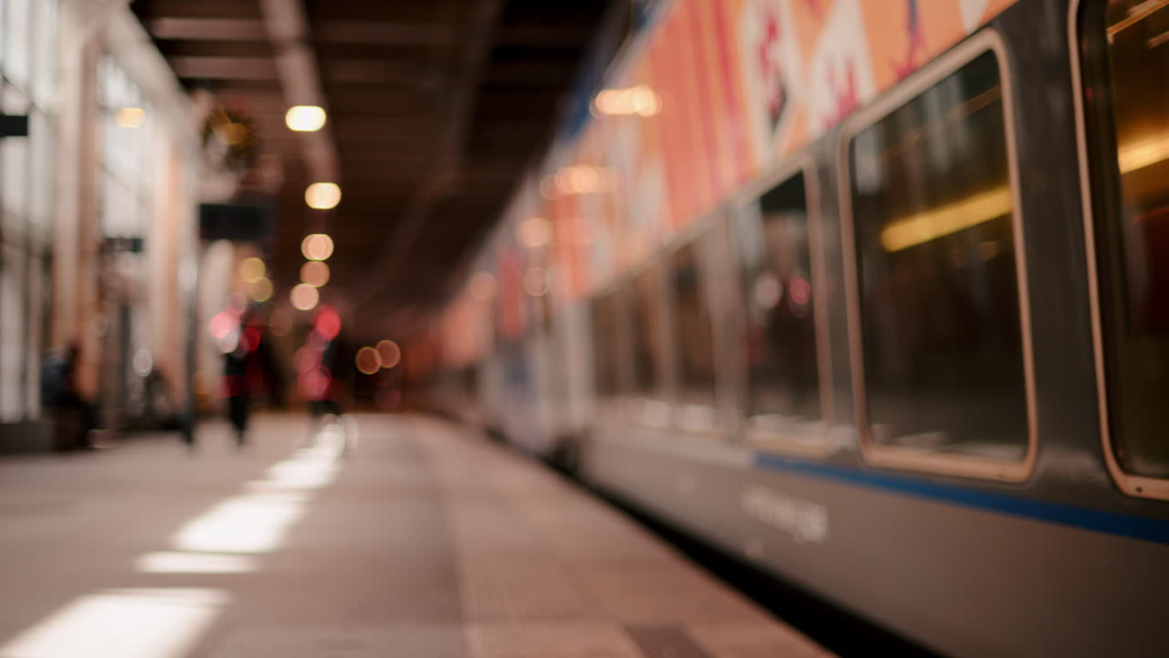 Blurred view of people moving near a train in a station