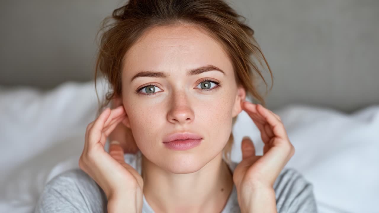 A woman expressing stress and concern while resting in bed, showcasing a relatable moment of inner turmoil and emotional struggle during a challenging time