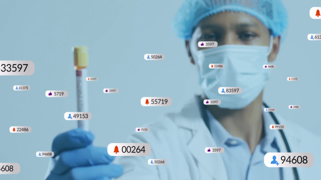 male doctor conducting health test in lab, with floating social media icons showing metrics