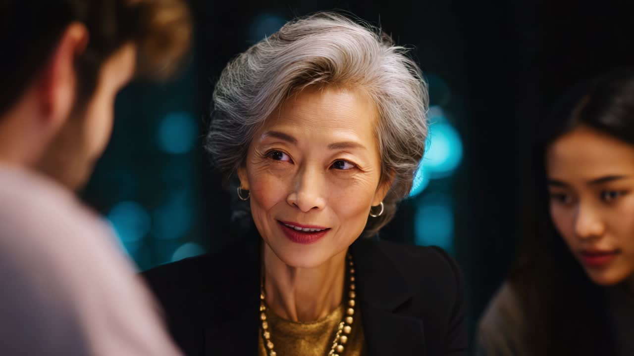 Engaging Conversation with a Graceful Elderly Woman: A Moment of Connection, Wisdom, and Understanding Shared Among Friends, Highlighting Interpersonal Relationships in an Intimate Setting