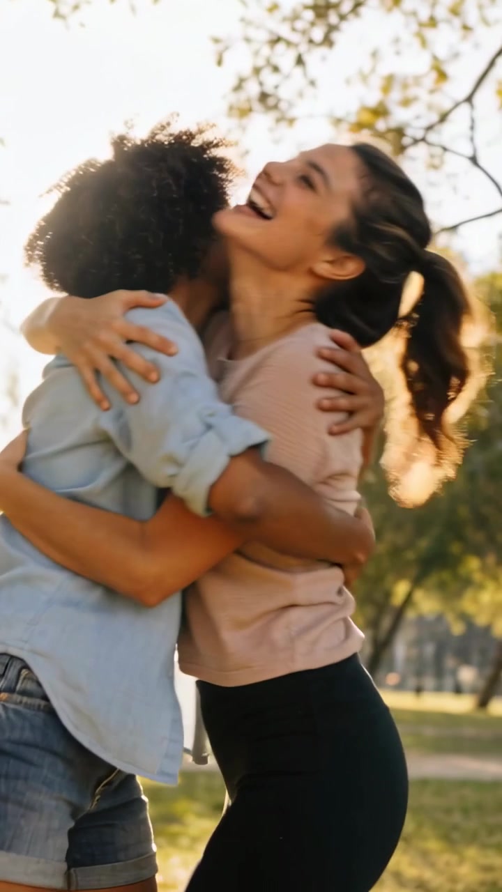Video verticale: Sollevando il partner, donna in maglietta blu che gira e abbraccia nel parco mostrando affetto