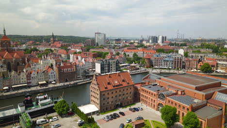 polish baltic frederic chopin philharmonic and hotel krolewski courtyard with many cars parked near the buildings, nova motlawa riverbank in old town gdansk, poland on a cloudy day