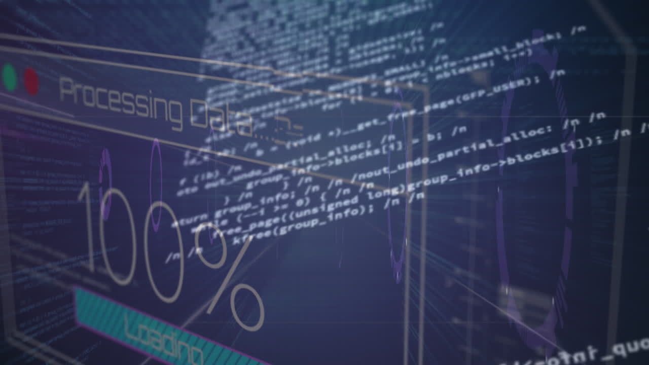 Animation of changing numbers, texts and loading bars over computer language against circles