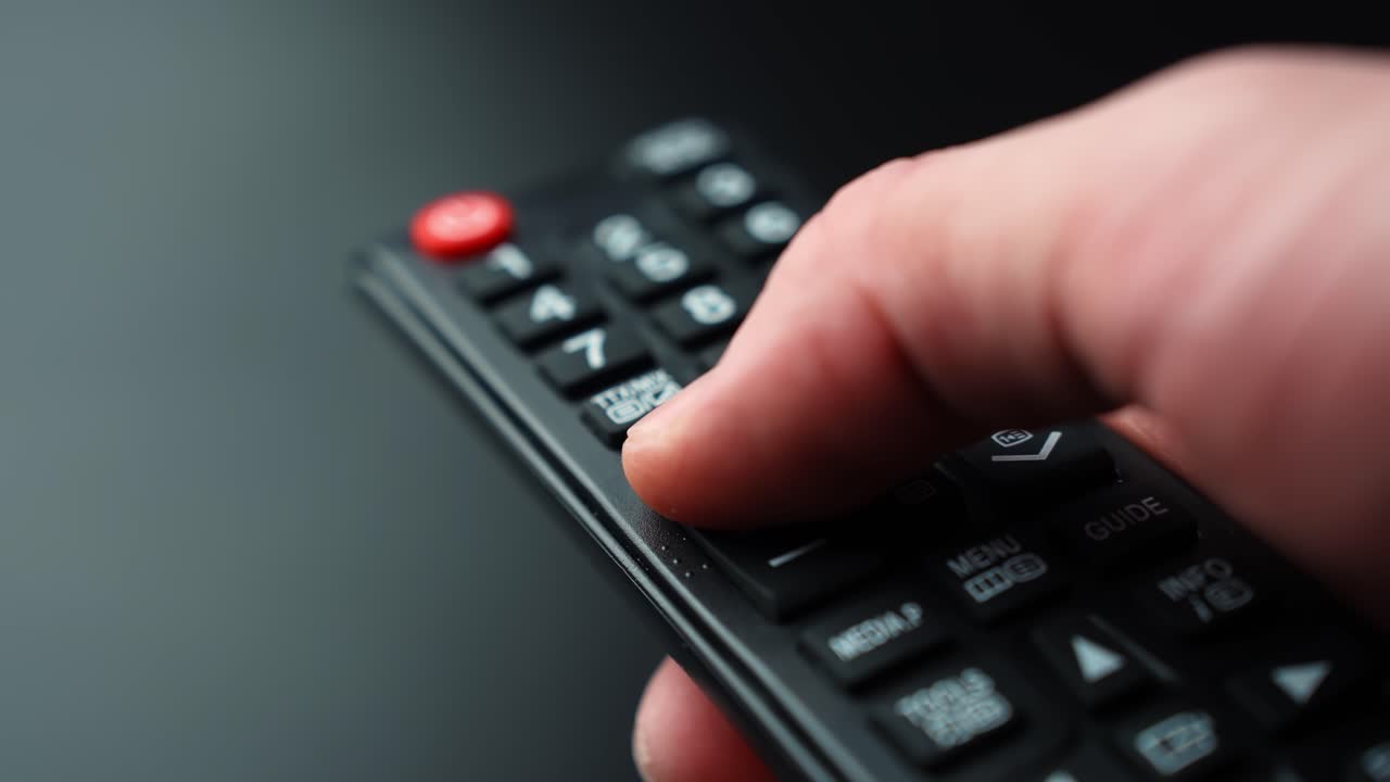 Primo piano di una mano che preme il pulsante di aumento del volume su un telecomando TV, aumentando il livello del suono con una bassa profondità di campo per l'intrattenimento domestico e il b-roll di regolazione audio
