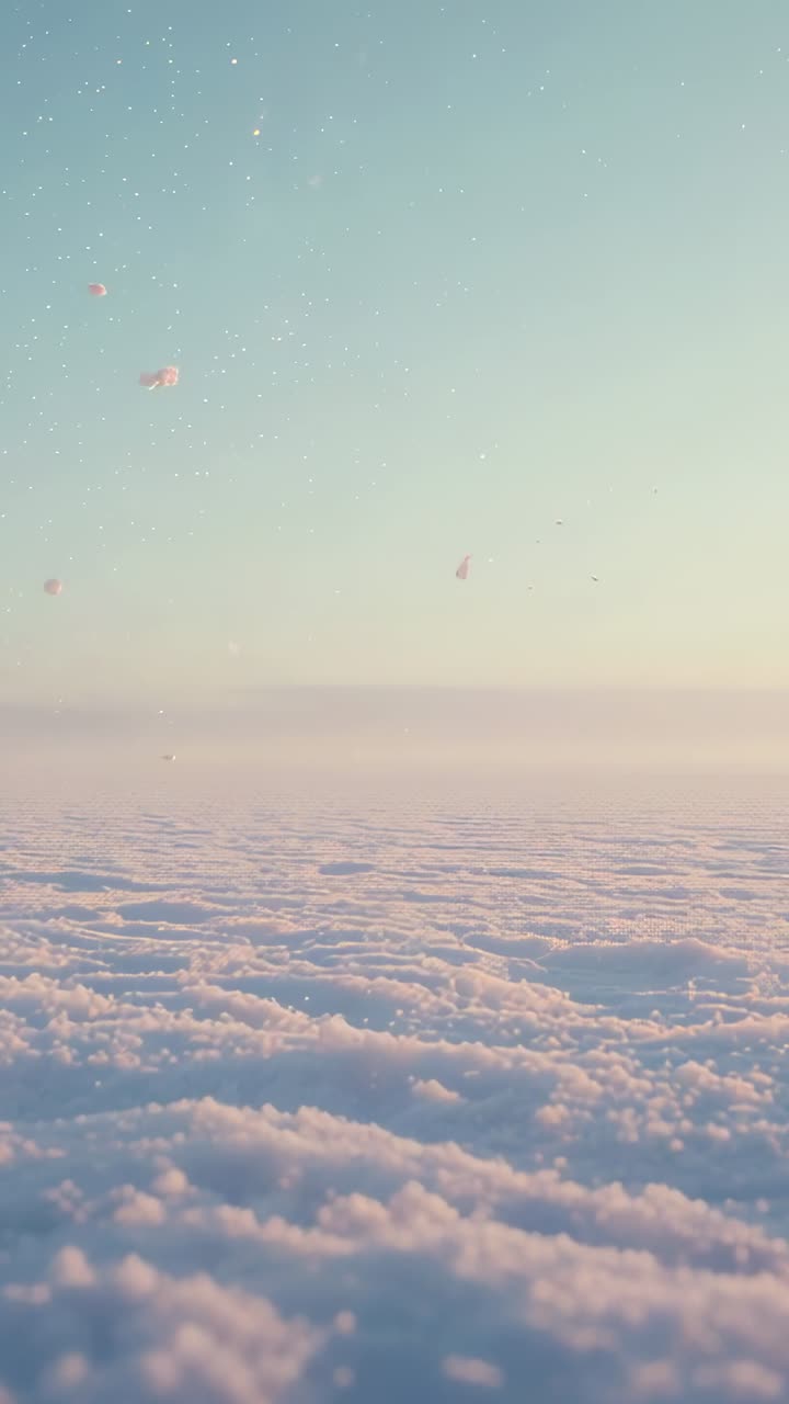 Vertical video: Drone filming drifting flares and rising sky above cloud deck, at sunrise