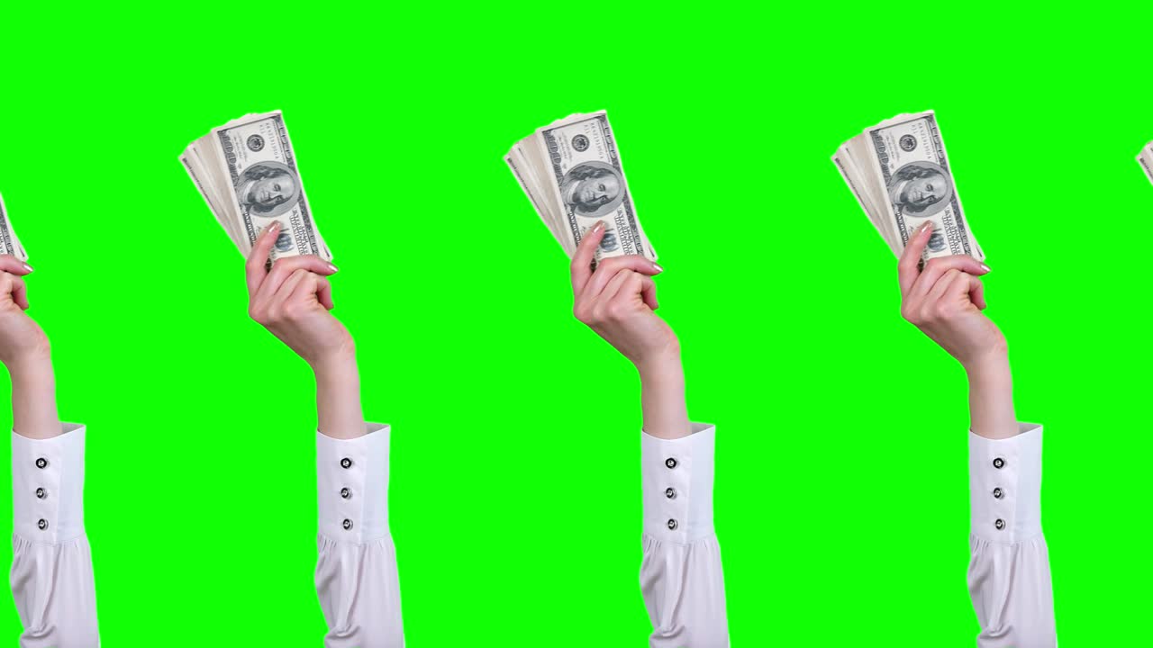 돈, 현금, gif 애니메이션, 클로즈업, 여성 손,  블라우스, 백 달러 지폐 어리를 들고, 그들을 흔들고, 녹색 배경에 고립되어, 이 없는 패턴, 애니메이션
