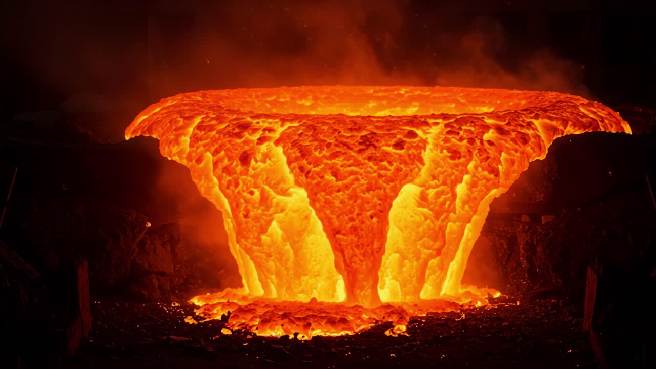 Spectacular Flow of Molten Lava from an Industrial Crucible, Revealing the Intense and Fiery Process of Metal Casting and Metallurgy in Action
