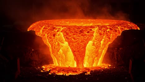 spectacular flow of molten lava from an industrial crucible, revealing the intense and fiery process of metal casting and metallurgy in action