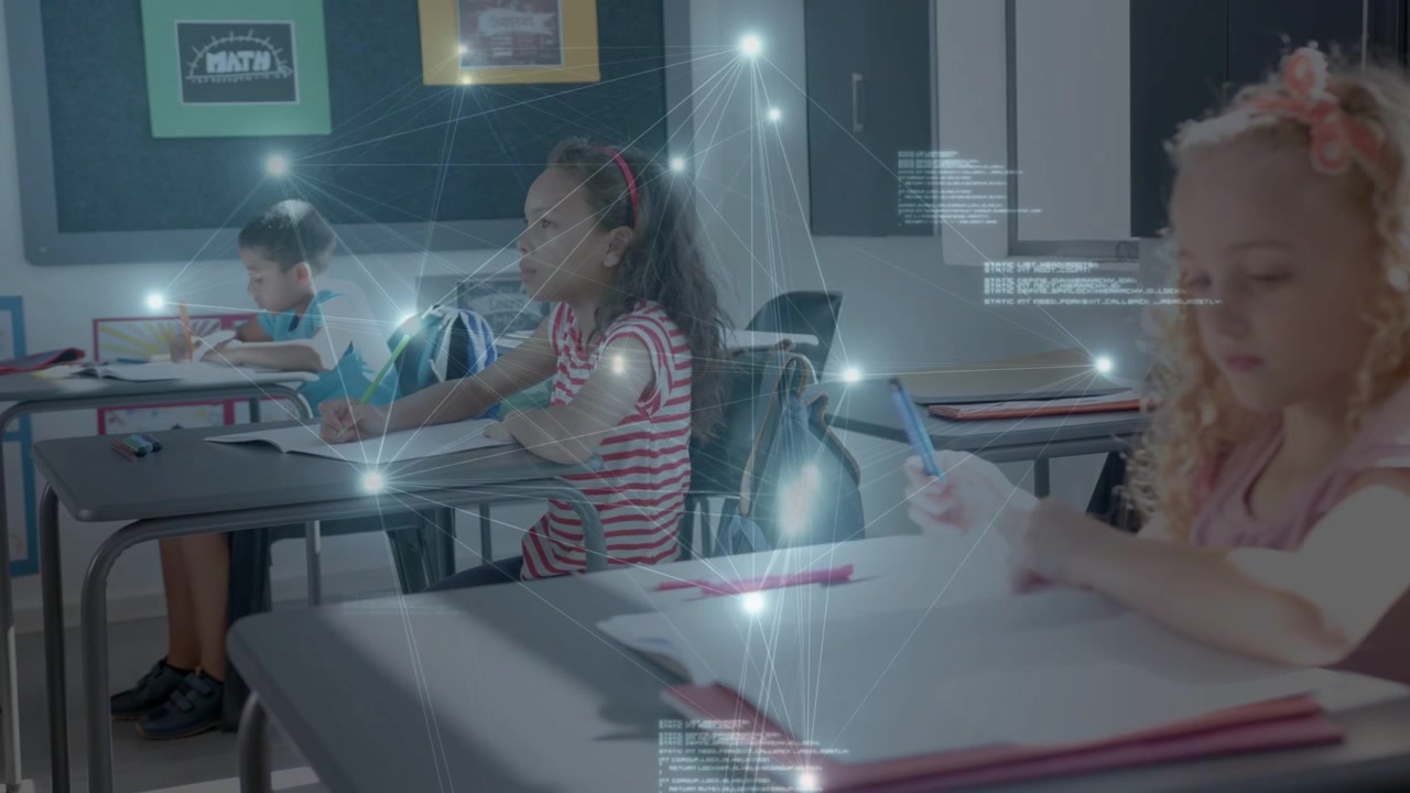 Right student flipping book sparking glowing nodes linking desks, book fading showing school links