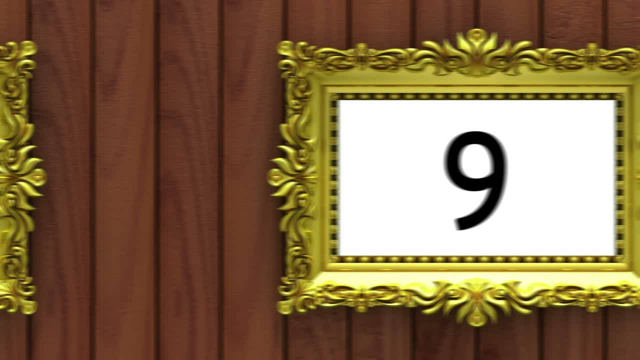 cuenta atrás en marcos de cuadros dorados sobre fondo de madera marrón. maqueta para el desfile de éxitos, gráfico. animación 3d, pantalla verde.