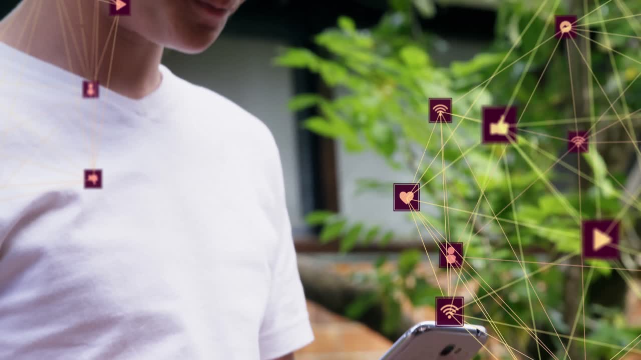 스마트 폰을 사용하는 코카시안 남자에 대한 아이콘과의 연결 네트워크의 애니메이션